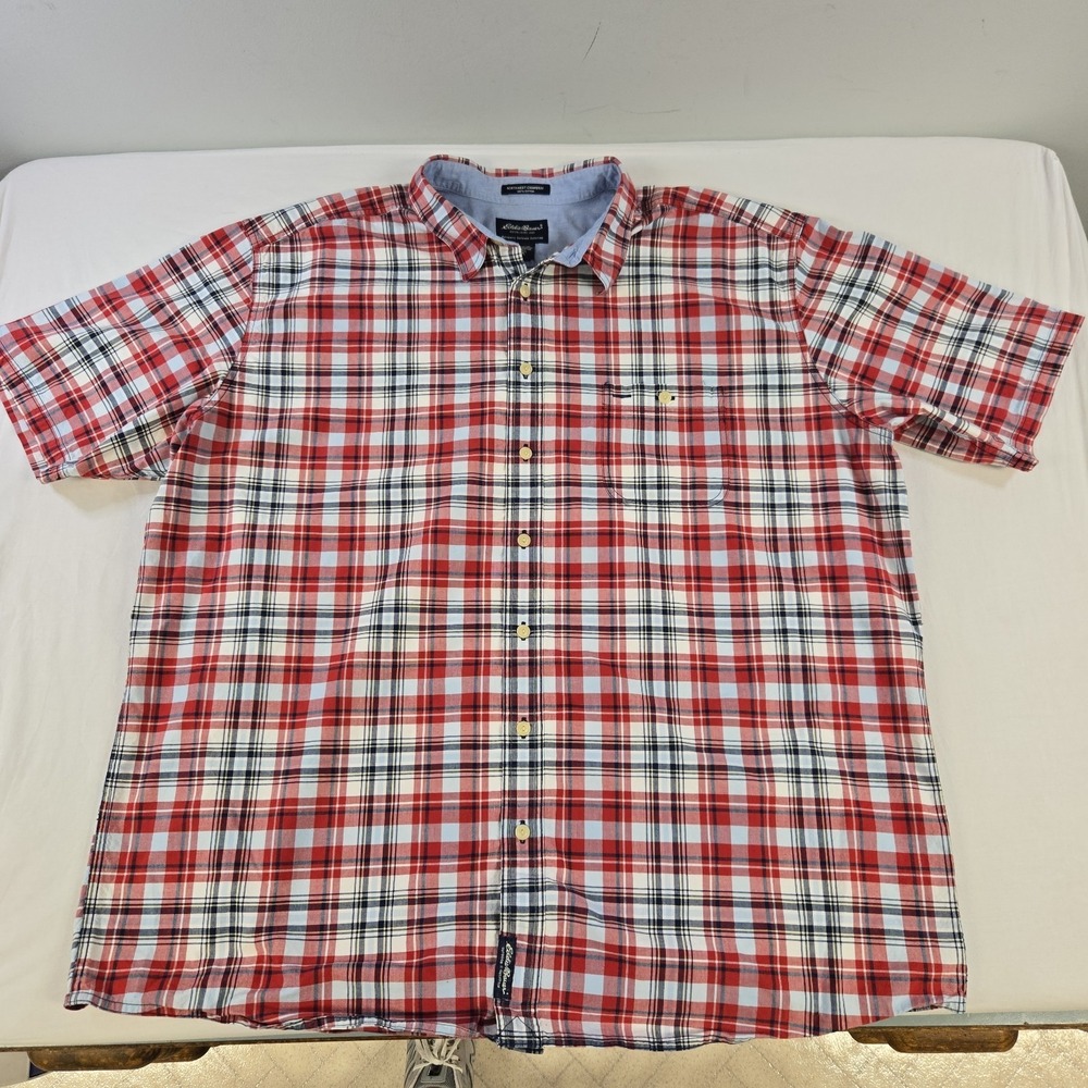 Eddie Bauer Short Sleeve Plaid Lightweight Button Up Shirt Men's 3XLT Red Blue